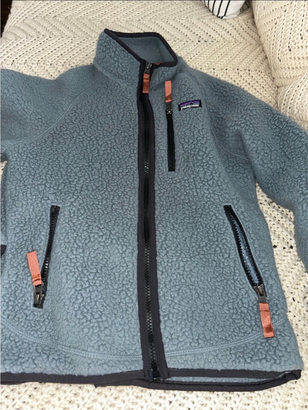 Patagonia Slate Blue Sherpa Fleece Jacket with Black Trim